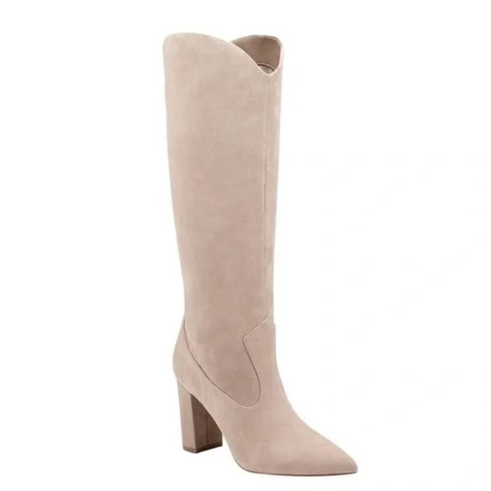 Marc Fisher LTD Uday Beige Suede Block Heel Western Inspired Pointed Toe Boots